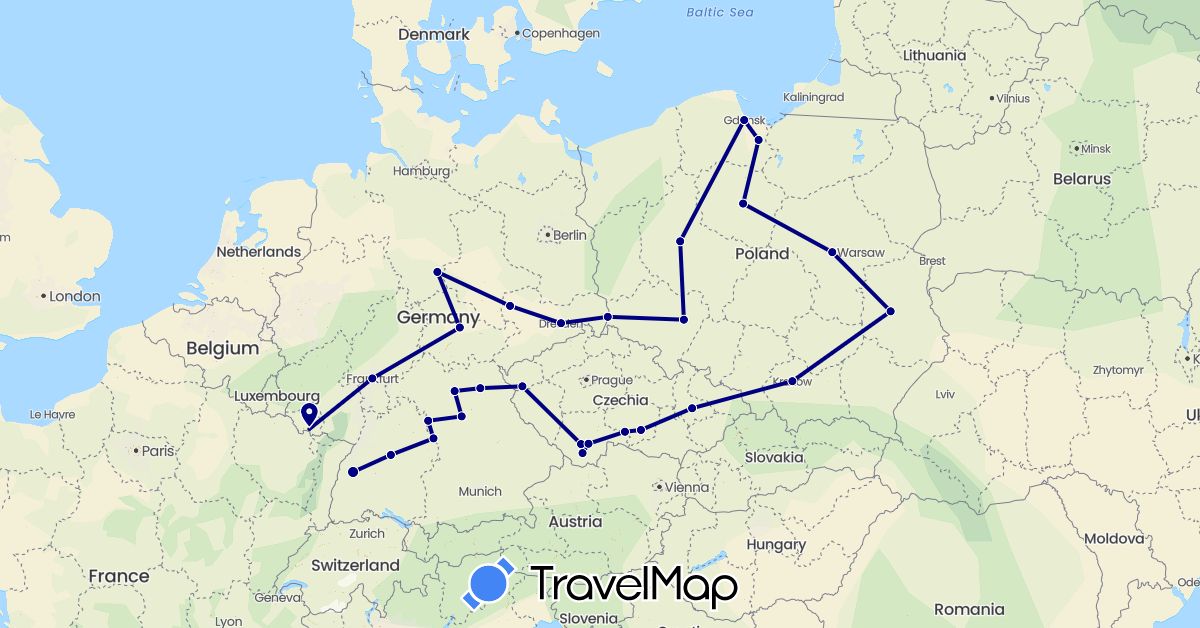 TravelMap itinerary: driving in Czech Republic, Germany, Poland (Europe)
